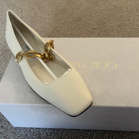 Jimmy Choo Shoes - Jimmy Choo Latte Nappe Leather Flats with Chain